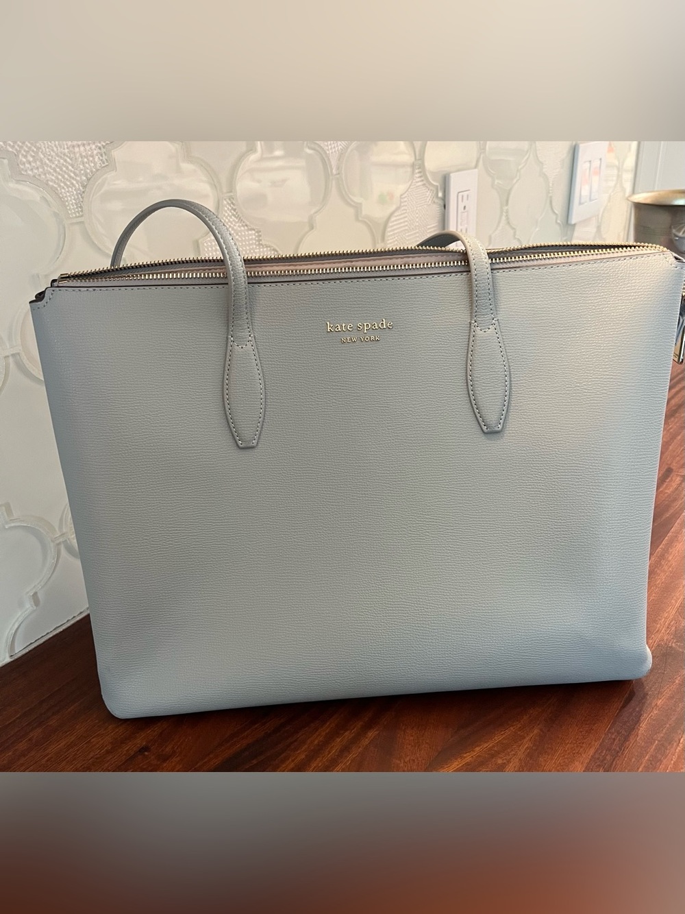 kate spade All Day Zip Top Tote Light Blue Pebbled Leather Work Laptop Bag